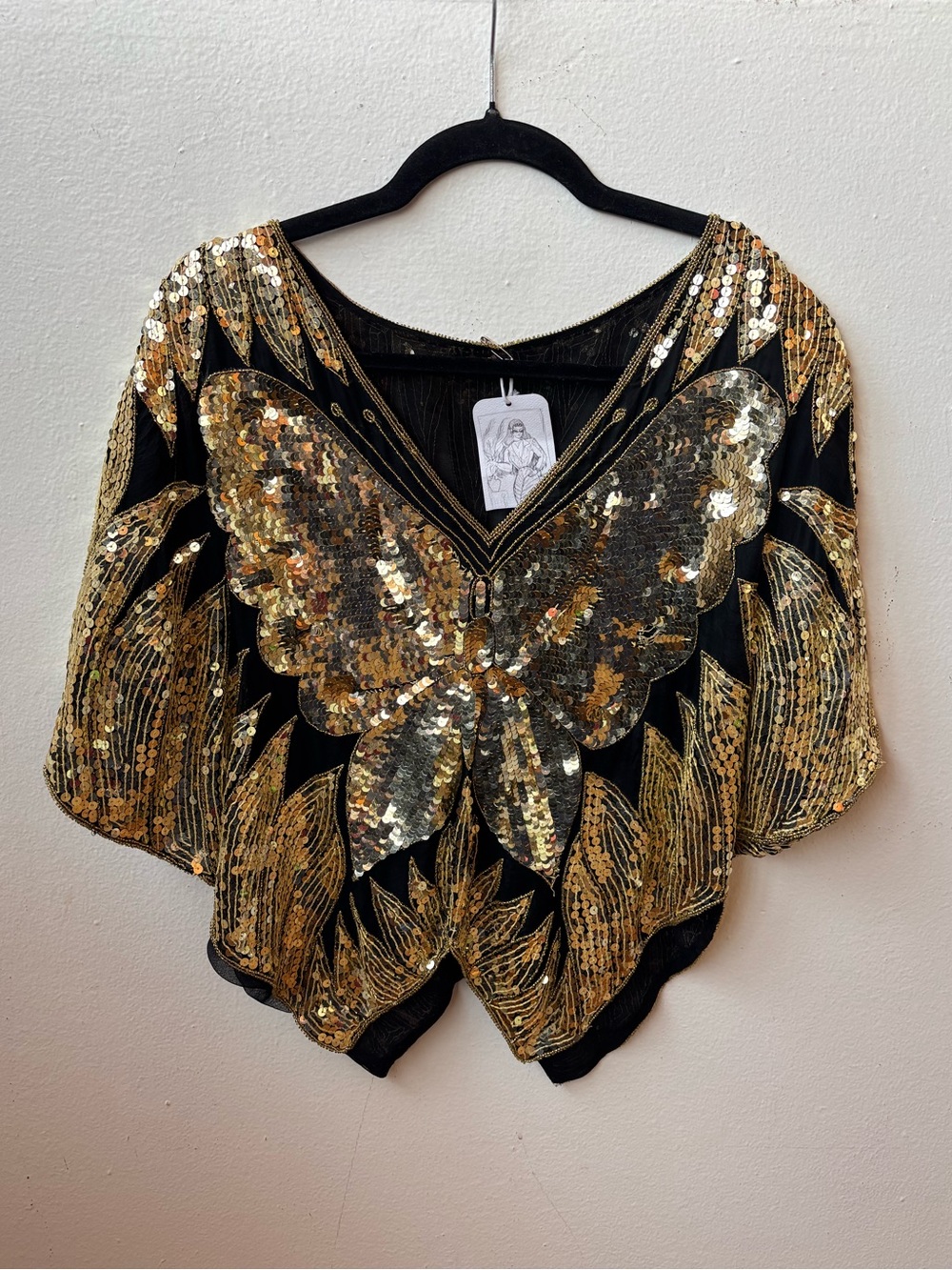 70s gold sequince butterfly blouse